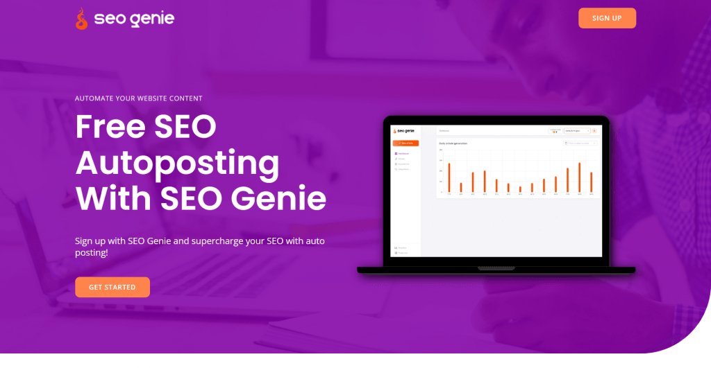 An open laptop displaying an analytics dashboard dashboard, set against a vibrant purple background featuring a watermark of a person working and a headline reading "Free SEO Autoposting With SEO Genie."