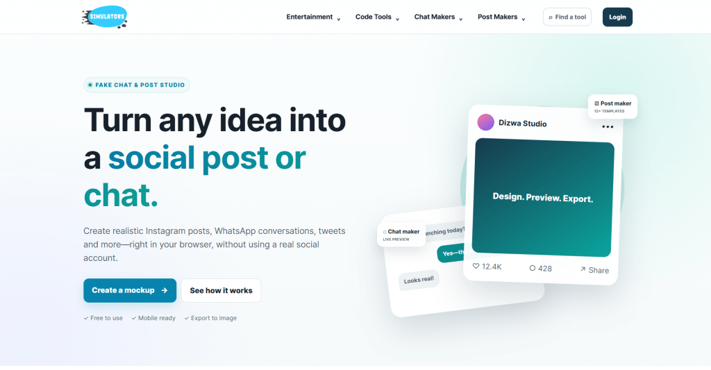 Screenshot of the Simulators website landing page featuring the headline "Turn any idea into a social post or chat" alongside preview cards for fake post and chat mockup tools.