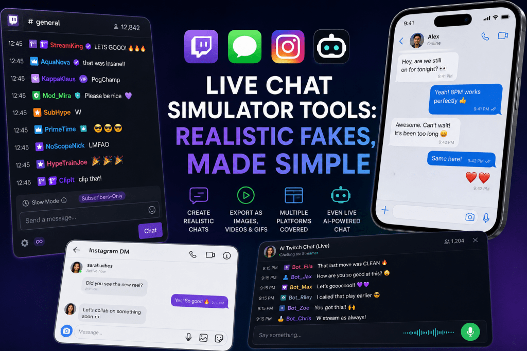 Conceptual illustration for live chat simulator tools featuring mockups of Twitch, iMessage, Instagram DM, and AI-powered chat interfaces on dark background.