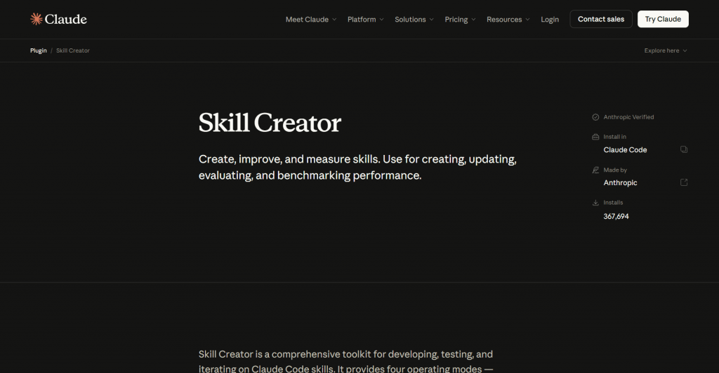 Screenshot of Anthropic's Claude website showing the Skill Creator plugin page with an "Anthropic Verified" badge and 367,694 installs.