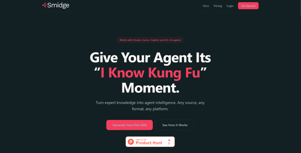 Screenshot of the Smidge website homepage featuring the headline "Give Your Agent Its 'I Know Kung Fu' Moment" on a dark theme background with a pink "Generate Your First Skill" button.