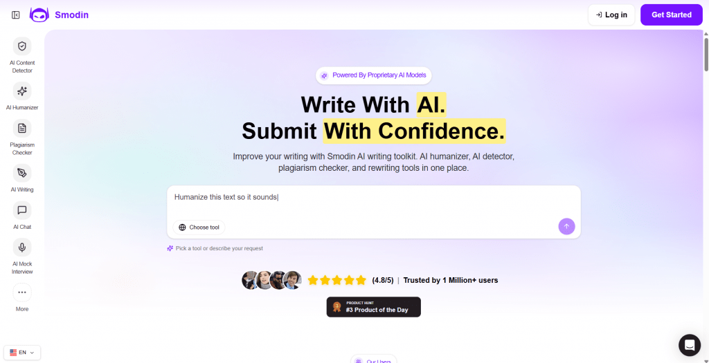 Screenshot of the Smodin homepage interface featuring a central text box with user input and a left navigation menu showcasing tools like AI Content Detector and Plagiarism Checker.