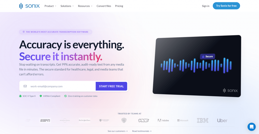 Screenshot of the Sonix website homepage featuring the headline "Accuracy is everything. Secure it instantly." next to a digital audio waveform graphic with a "Secure" padlock tag.