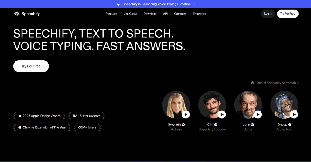 Screenshot of Speechify's website homepage on a dark background, featuring bold headline text reading "SPEECHIFY, TEXT TO SPEECH. VOICE TYPING. FAST ANSWERS.", call-to-action buttons, award accolades, and celebrity voice previews.