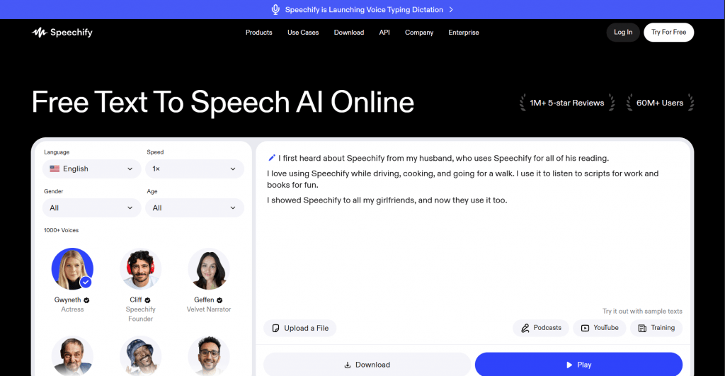Screenshot of Speechify's online Text To Speech generator showing voice controls, actor voice presets, sample text input, and play controls.