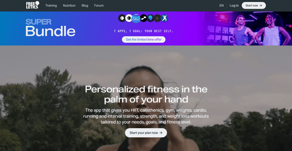 Screenshot of the Freeletics website homepage featuring a blue and purple "Super Bundle" promotional banner above a background video reading "Personalized fitness in the palm of your hand."