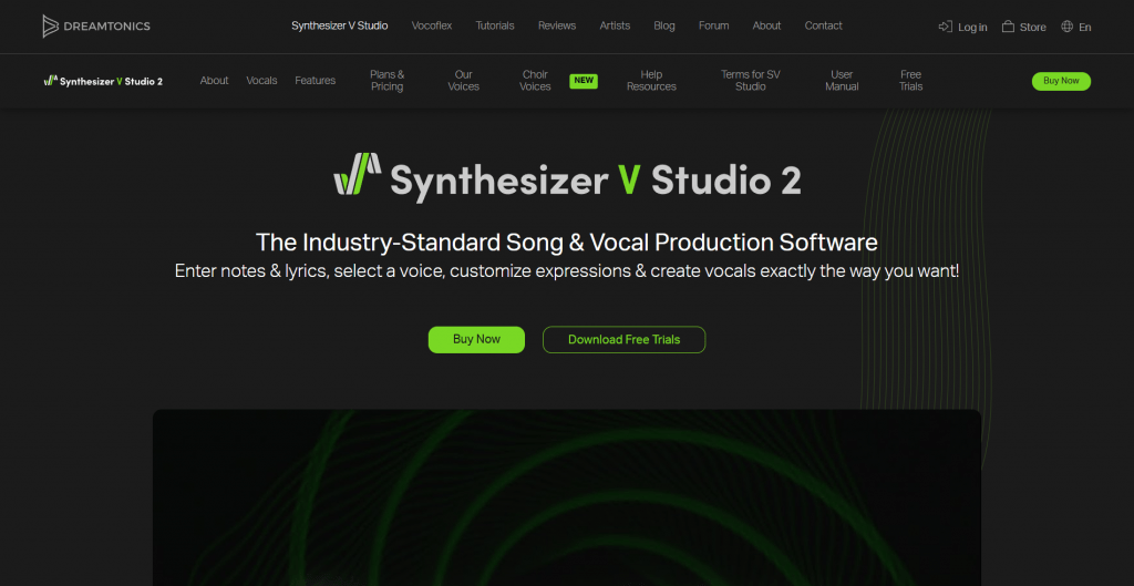 The Dreamtonics Synthesizer V Studio 2 product webpage displaying a dark theme header, product title, and purchase links.