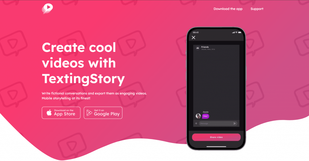 Screenshot of the TextingStory website homepage featuring the headline "Create cool videos with TextingStory" on a bright pink background next to a smartphone mockup preview.