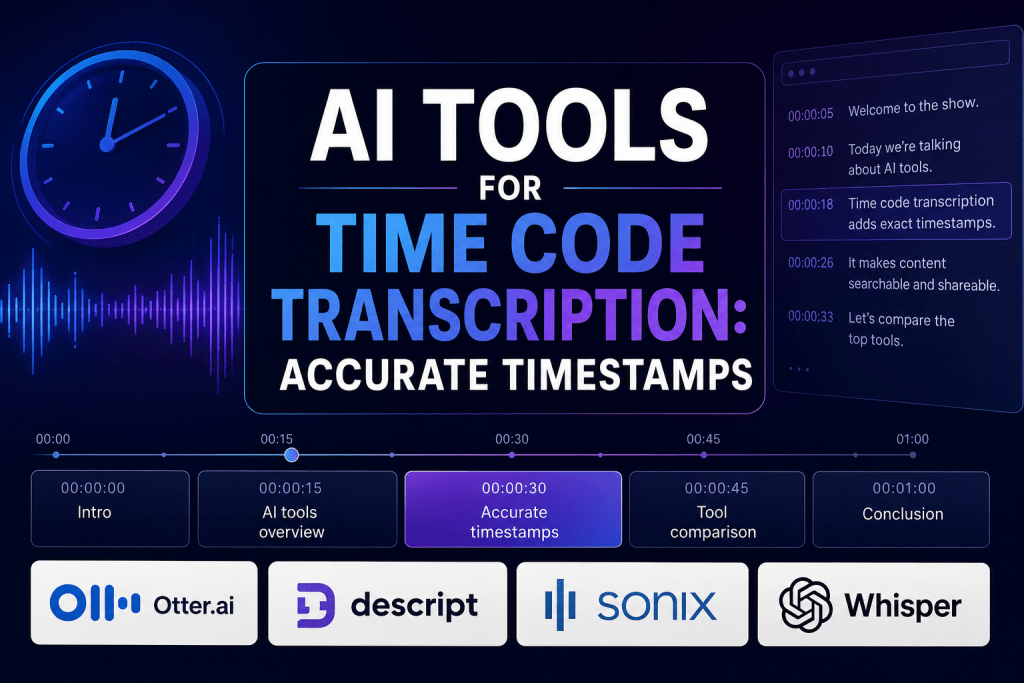 Infographic displaying AI tools for time code transcription, featuring a central title, a mock video transcript window, an interactive video timeline dividing content blocks by timestamps, and logo badges for Otter.ai, Descript, Sonix, and OpenAI Whisper.