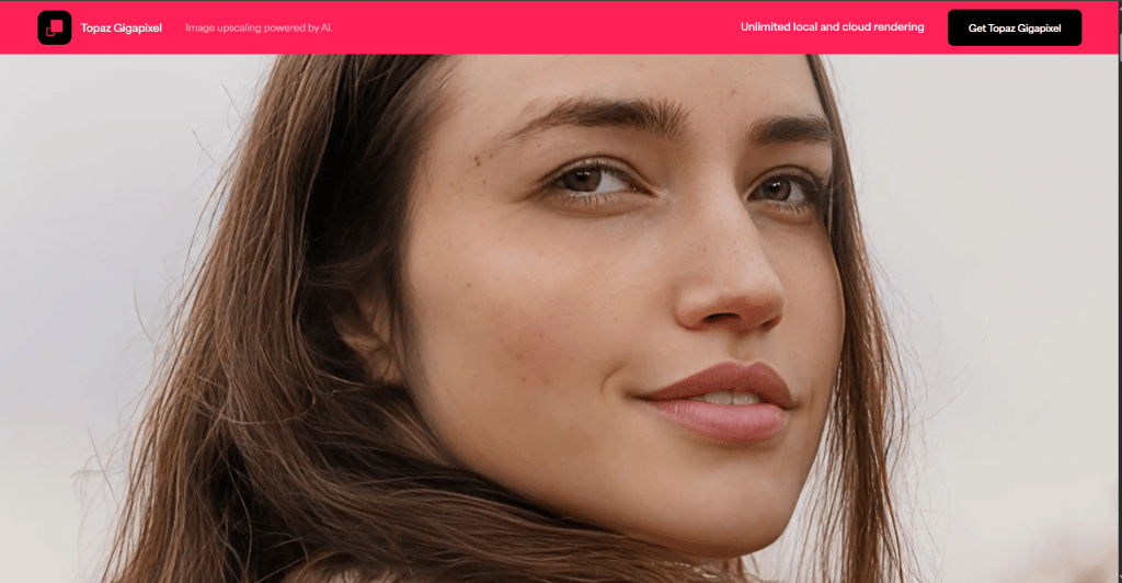 Screenshot of the Topaz Gigapixel website featuring a red navigation header above a close-up, high-resolution portrait showcase of a smiling woman with long brown hair.