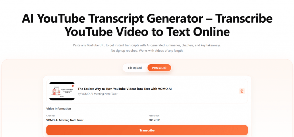 Screenshot of VOMO AI's YouTube transcript generator tool showing a pasted YouTube video link ready to be converted into text.