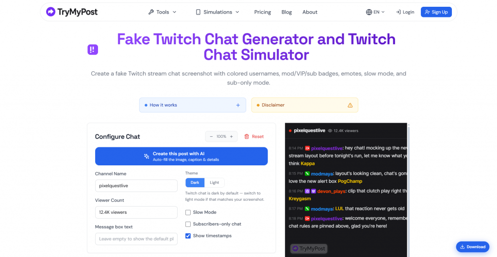 Screenshot of TryMyPost's Fake Twitch Chat Generator interface displaying chat customization options alongside a real-time dark mode stream chat preview.