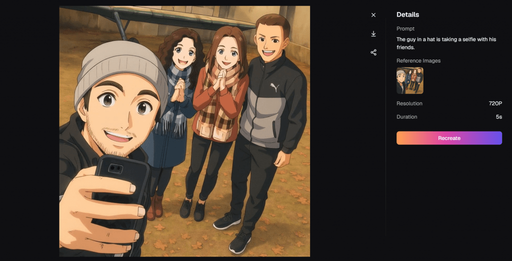 Screenshot of an AI video generation interface showing an anime-style selfie illustration alongside generation details including prompt, reference image, 720P resolution, and a 5-second duration.