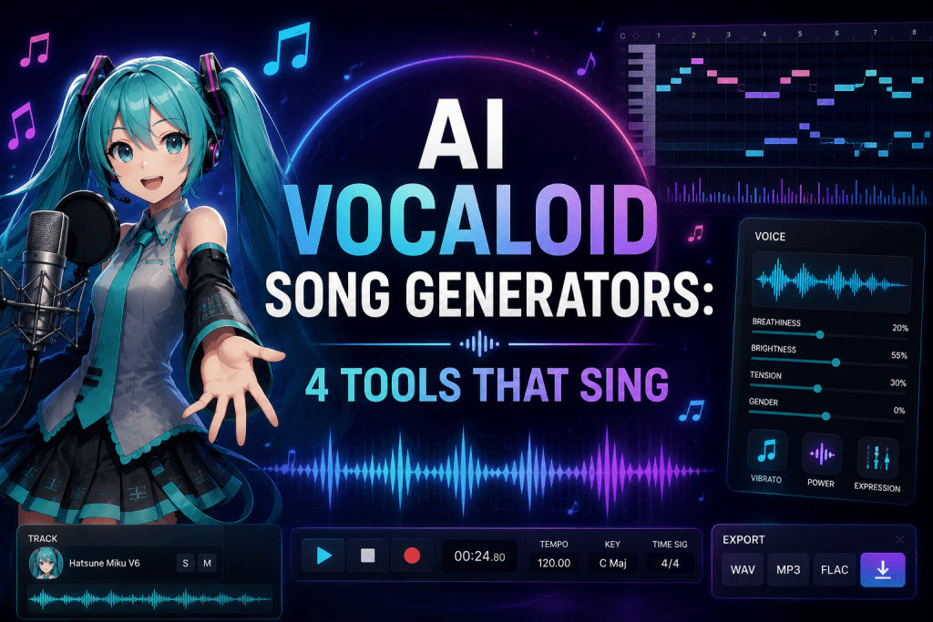 Anime-style character Hatsune Miku singing into a studio microphone next to a dark-mode digital audio workstation interface with pitch curves and voice settings sliders. Bold neon text reads "AI VOCALOID SONG GENERATORS: 4 TOOLS THAT SING."