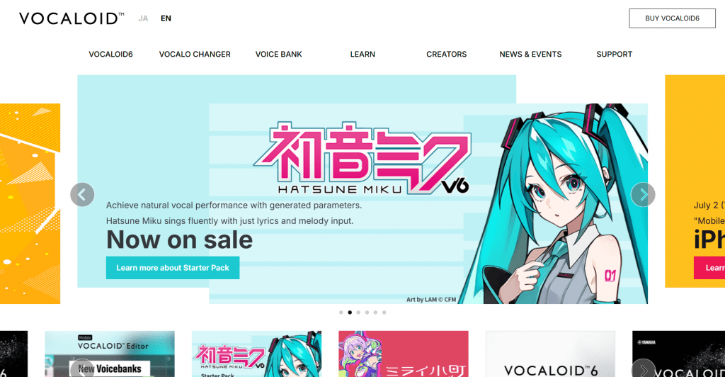 The official VOCALOID website homepage featuring a banner advertisement for Hatsune Miku V6.