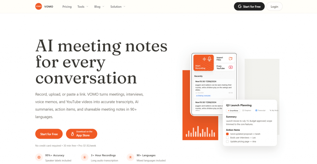 Screenshot of the VOMO website homepage featuring the headline "AI meeting notes for every conversation" alongside a smartphone mockup displaying voice recording options and generated meeting summaries.