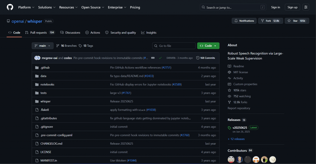 Screenshot of the official open-source GitHub repository for OpenAI Whisper, showing the dark mode code directory structure, branch navigation, and repository insights.