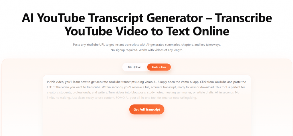 Screenshot of VOMO AI's online YouTube transcript generator showing a generated video summary preview and a "Get Full Transcript" button.