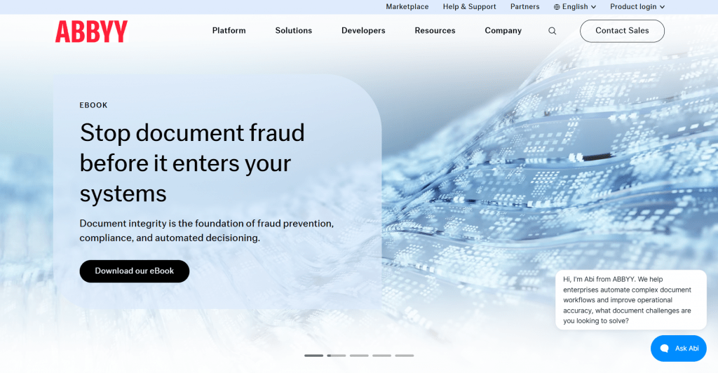 Landing page screenshot for ABBYY featuring headline "Stop document fraud before it enters your systems", "Download our eBook" button, abstract digital wave graphic background, and a chat assistance pop-up reading "Ask Abi".