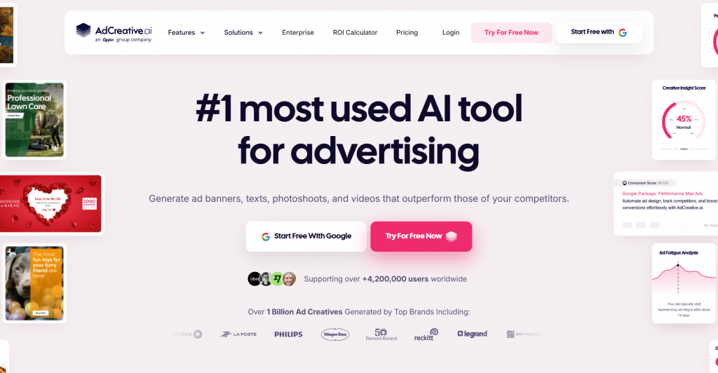 Landing page screenshot for Adcreative.ai set against a light background surrounded by floating ad samples and analytics widgets, featuring the headline "#1 most used AI tool for advertising" and call-to-action buttons.