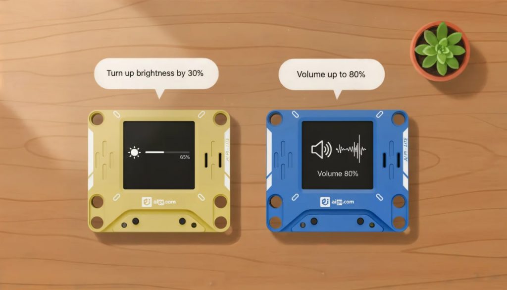 Top-down view of two AI Pi Lite square devices—one yellow and one blue—placed side-by-side on a wooden surface, showing voice command speech bubbles for adjusting brightness and volume