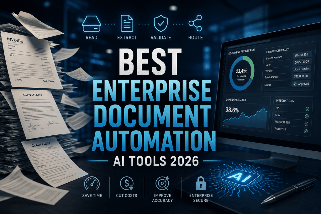 Promotional graphic titled "BEST ENTERPRISE DOCUMENT AUTOMATION AI TOOLS 2026", contrasting a messy stack of paper invoices and contracts on the left with a futuristic dashboard, digital extraction metrics, and AI workflow icons on the right.