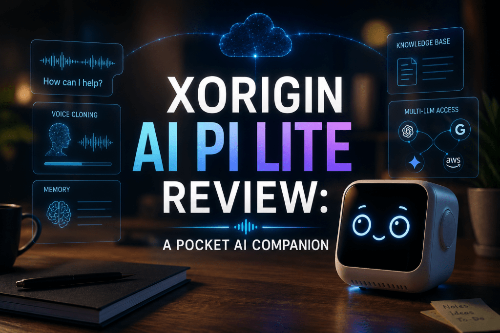 Product review graphic featuring a small white desktop AI companion robot with a digital face on a wooden desk, title text reading "XORIGIN AI PI LITE REVIEW: A POCKET AI COMPANION", and floating HUD displays highlighting features like voice cloning, memory, knowledge base, and multi-LLM access.