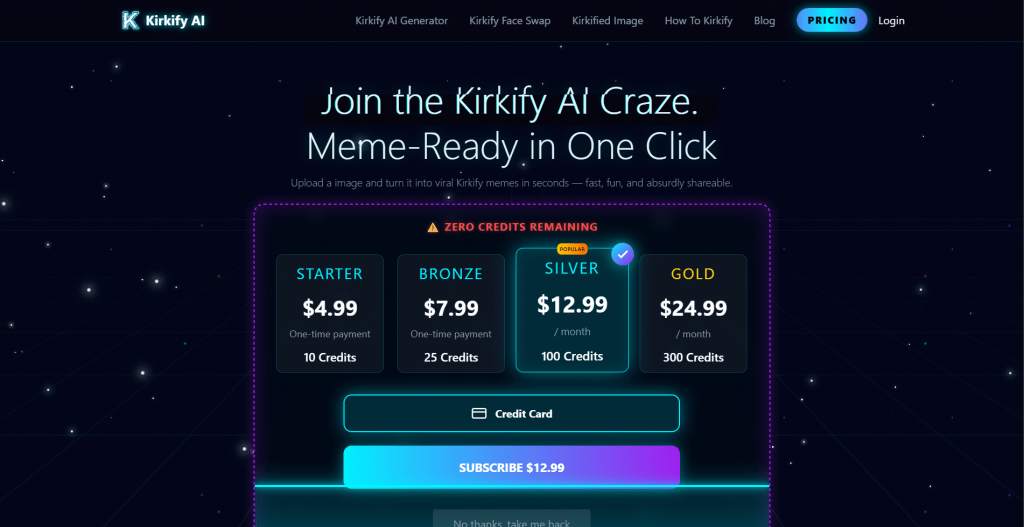 Web page pricing screenshot for Kirkify AI set against a starry night-sky background, displaying plans for Starter ($4.99 for 10 credits), Bronze ($7.99 for 25 credits), Silver ($12.99/month for 100 credits), and Gold ($24.99/month for 300 credits).