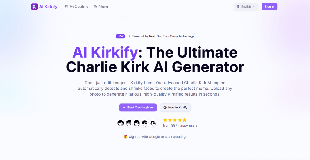 Web landing page hero section for AI Kirkify titled "AI Kirkify: The Ultimate Charlie Kirk AI Generator", featuring headline copy, interactive buttons, user reviews, and a high-resolution portrait graphic on a purple-to-blue gradient background.