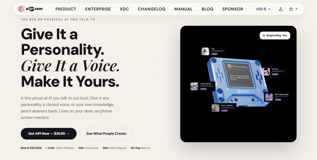 Landing page screenshot for aipi.com displaying the headline "Give It a Personality. Give It a Voice. Make It Yours." alongside a 3D product graphic of a small blue hardware AI device floating against a black background.