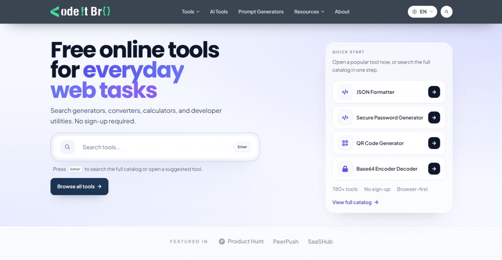 Landing page screenshot for CodeItBro displaying the headline "Free online tools for everyday web tasks" alongside a search bar, a dark "Browse all tools" button, and a Quick Start menu featuring popular web tools.