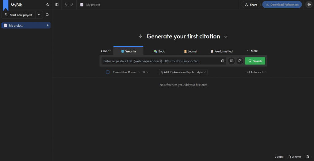 Interface screenshot of the MyBib citation generator web application in dark mode displaying options to create a citation from a website, book, or journal.