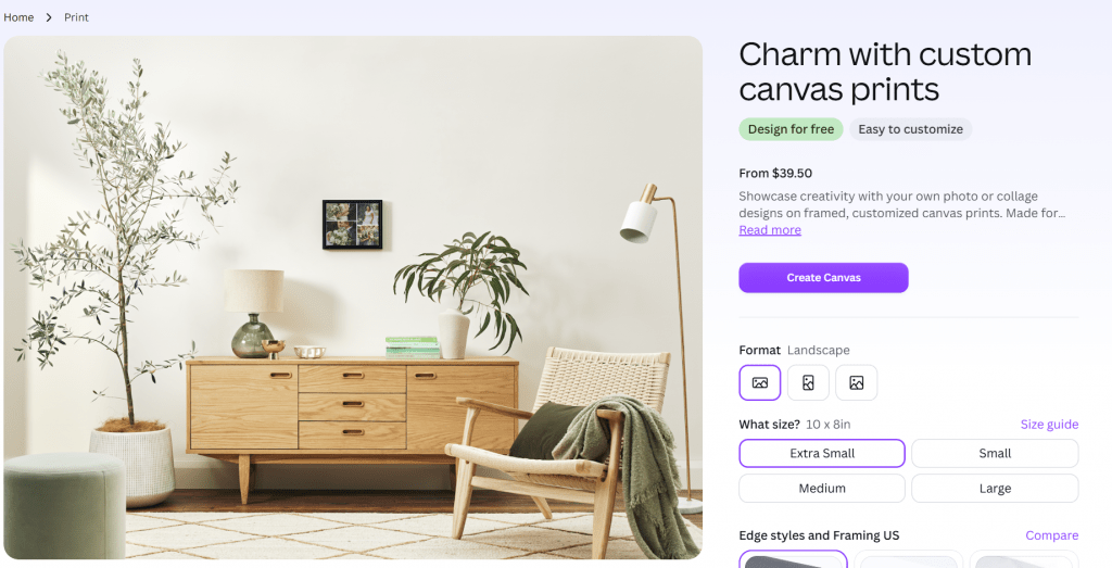 Product page screenshot for custom canvas prints featuring an interior room mockup on the left and customization configuration options on the right.