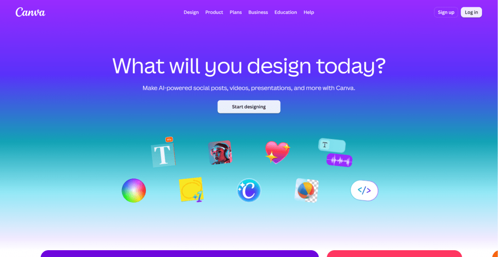 Web landing page for Canva set against a purple-to-light-blue gradient background, featuring headline text "What will you design today?", a "Start designing" call-to-action button, navigation controls, and floating design tool icons.