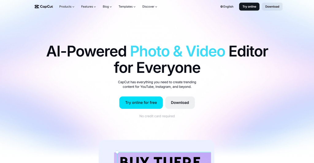 Web page landing screenshot for CapCut featuring the headline "AI-Powered Photo & Video Editor for Everyone", call-to-action buttons for online editing and app download, and a soft pastel gradient background.