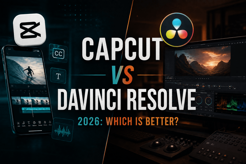Split-screen comparison graphic image titled "CAPCUT VS DAVINCI RESOLVE" with subtext "2026: WHICH IS BETTER?", showing a smartphone displaying CapCut software on the left and a desktop monitor displaying DaVinci Resolve color grading workspace on the right.