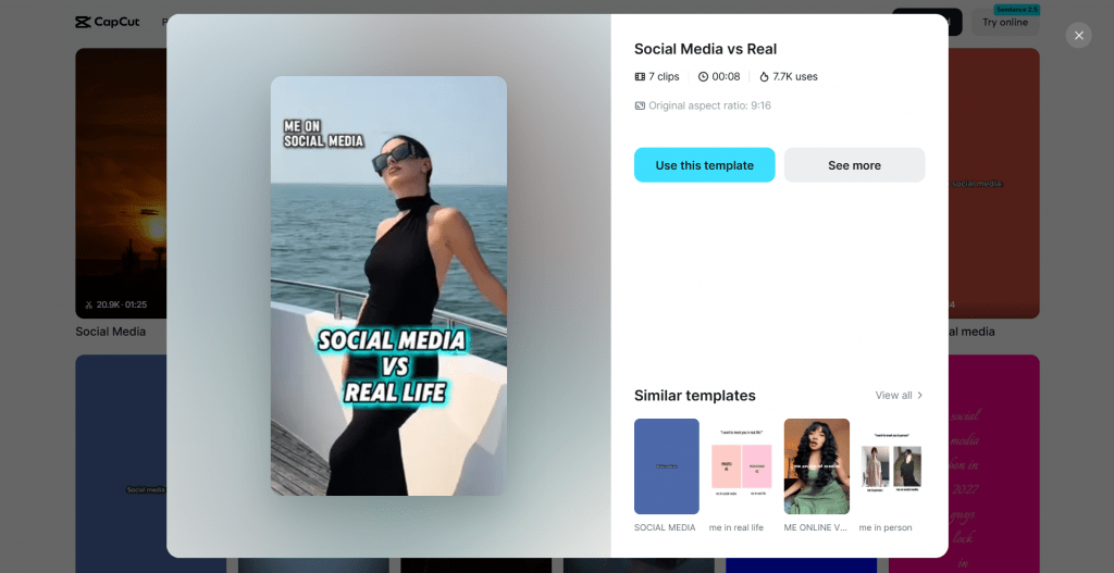 CapCut template preview modal overlaying a grid of videos, showing a vertical video of a woman in a black halter dress on a boat with text reading "SOCIAL MEDIA VS REAL LIFE", alongside template metadata and a cyan Use this template button.