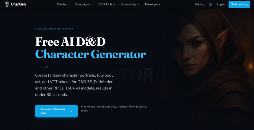 Web landing page for CharGen featuring the headline "Free AI D&D Character Generator", a call-to-action button to generate a character, product features text, and a fantasy elf portrait illustration on the right.