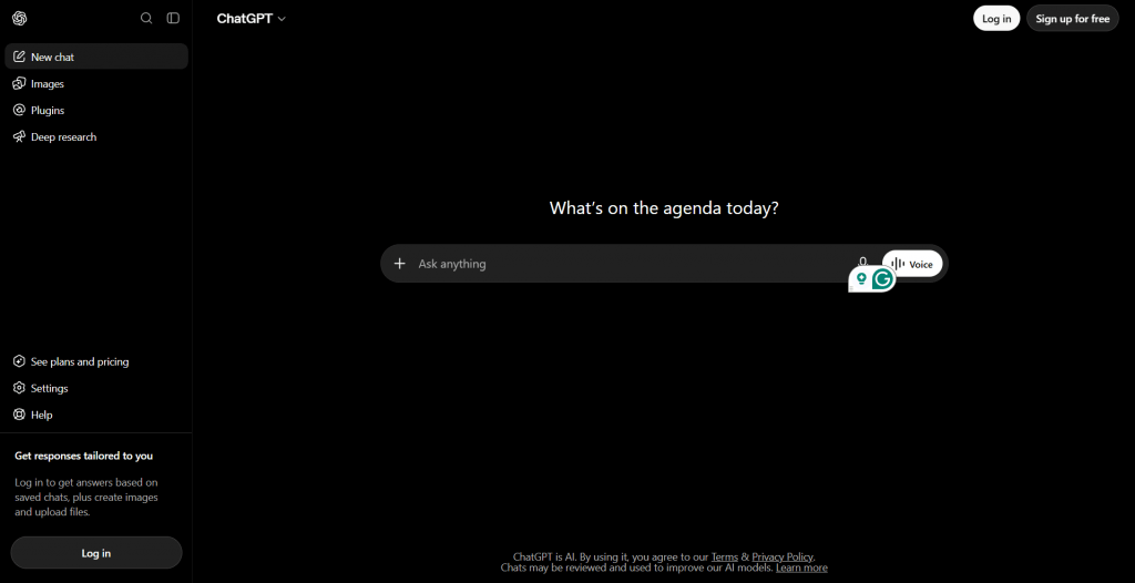 Web page interface screenshot of ChatGPT set in dark mode, featuring a central prompt bar with the question "What's on the agenda today?", side navigation controls, and login options.