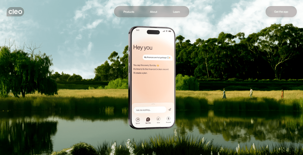 Web page screenshot for Cleo featuring a lush park and pond background, top navigation controls, and a central smartphone mockup showing an AI chat thread about budgeting and financial planning.