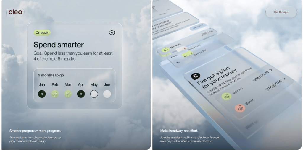 Side-by-side promotional graphic for Cleo set against a cloudy sky. The left panel shows a translucent UI card tracking a "Spend smarter" six-month goal, while the right panel displays 3D layered glass UI cards detailing automated savings plans and financial metrics below a "Get the app" button.