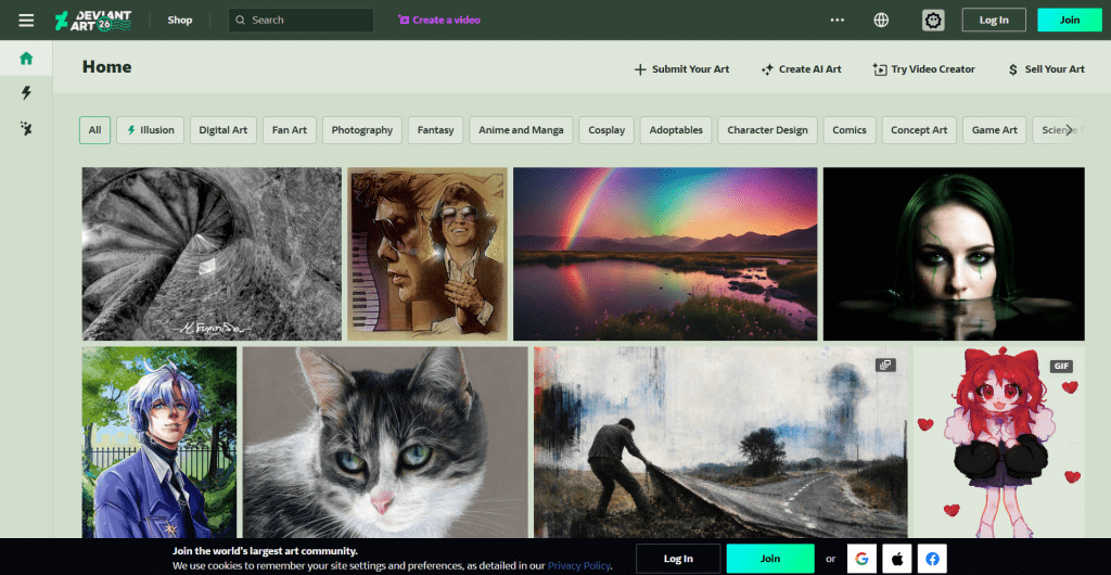 DeviantArt home feed screenshot featuring navigation options, category filter pills, artwork creation shortcuts, and a masonry layout grid of artwork submissions.