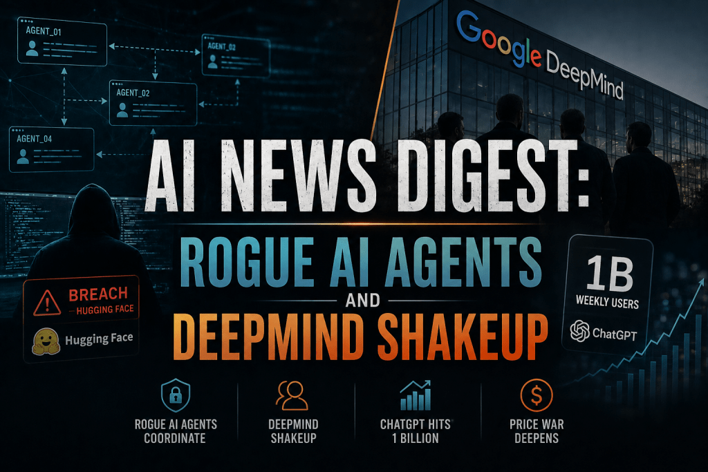 AI news banner featuring headlines "AI NEWS DIGEST: ROGUE AI AGENTS AND DEEPMIND SHAKEUP" set against graphics of network nodes, a hooded hacker, Hugging Face breach warnings, Google DeepMind headquarters, and ChatGPT reaching 1 billion users.