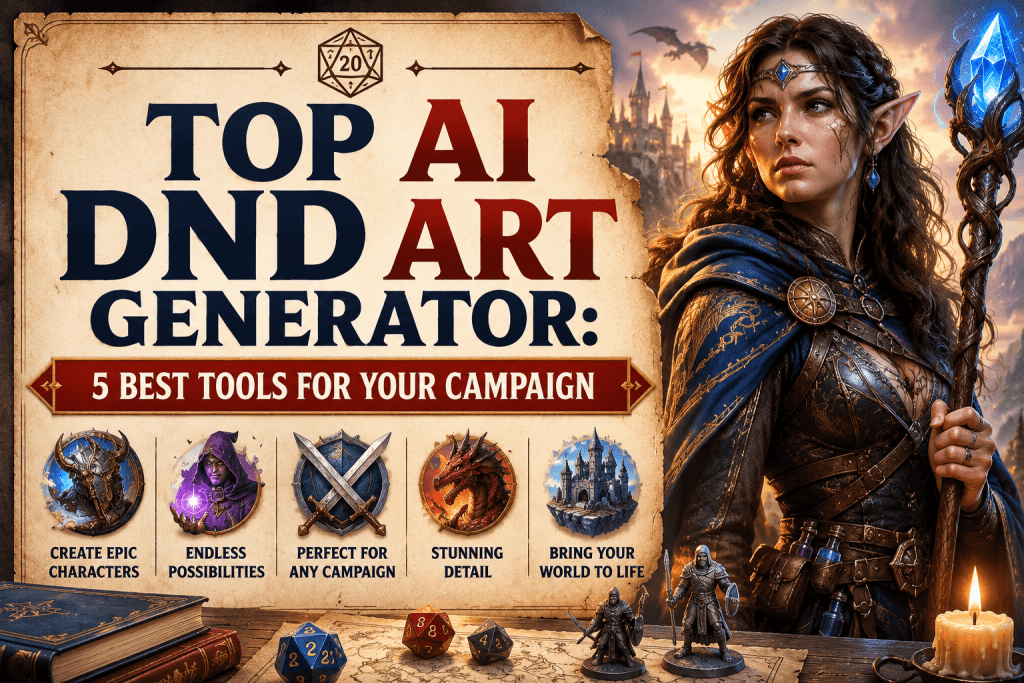 Blog header graphic titled "TOP AI DND ART GENERATOR: 5 BEST TOOLS FOR YOUR CAMPAIGN", featuring a parchment scroll layout alongside an elf mage holding a glowing staff.