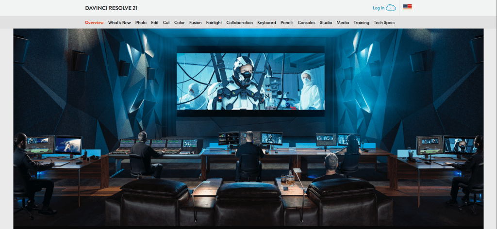 Web page landing screenshot for DaVinci Resolve 21 featuring top navigation tabs and a high-end, futuristic post-production studio with multiple editor workstations viewing a sci-fi video scene on a large central theater screen.