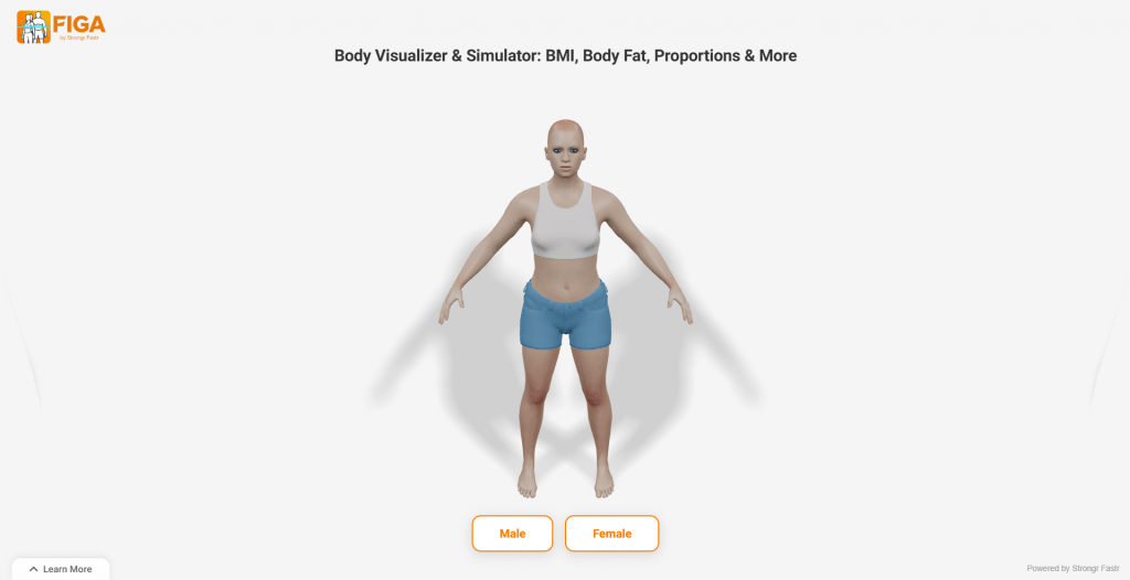 Web application interface for FIGA by Strongr Fastr featuring a central 3D female avatar in athletic wear, title text "Body Visualizer & Simulator: BMI, Body Fat, Proportions & More", and gender selection toggle buttons for Male and Female.