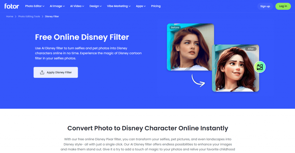 Web landing page hero section for Fotor titled "Free Online Disney Filter", featuring copy, an "Apply Disney Filter" button, and a Before/After visual preview transforming a portrait photo into a 3D animated character style.