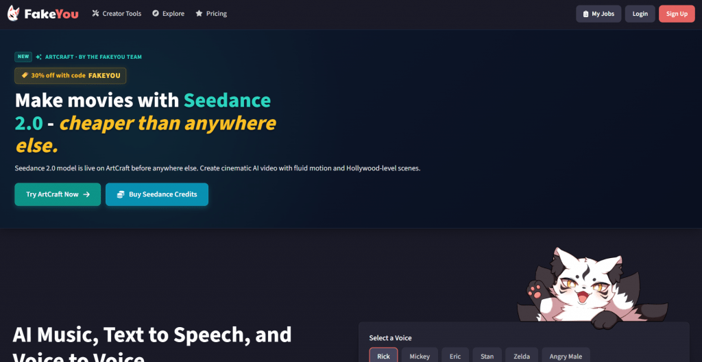 Web page landing screenshot for FakeYou featuring a dark background, promotional banner for "Seedance 2.0" video generation, call-to-action buttons, an anime mascot character, and a voice selection selector.