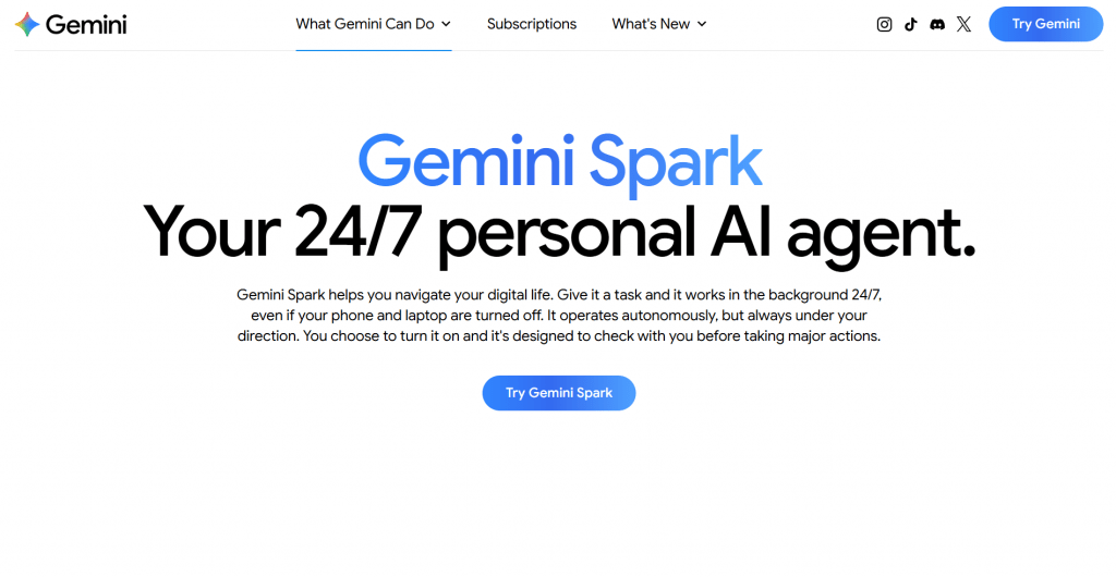 Landing page screenshot for Gemini Spark displaying the headline "Gemini Spark: Your 24/7 personal AI agent." alongside descriptive product copy and a blue call-to-action button.