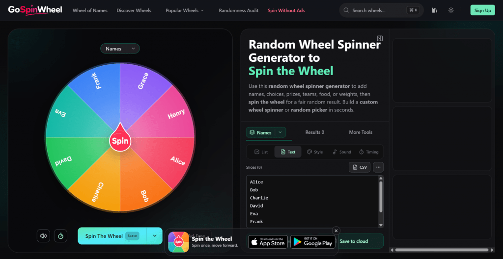 Web interface screenshot for GoSpinWheel featuring a colorful name-picker spinner wheel on the left and a customization panel with an editable text list on the right.